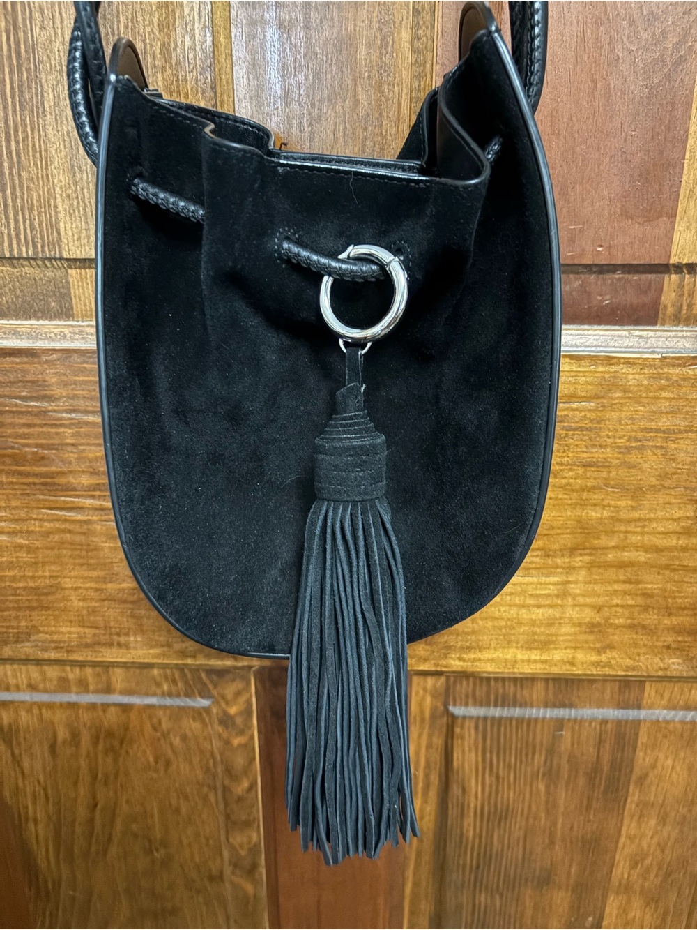 Rebecca Minkoff Black Suede Tassel Crossbody Bag with Silver Ring Accent